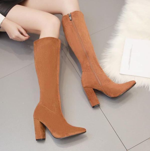 

2020 women's shoes coarse high with down noodles long tube boots are slim. brown woman boots, Black