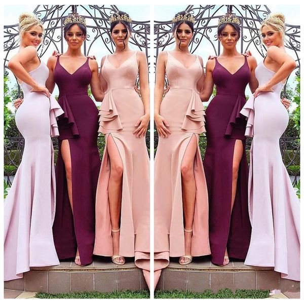 

v-neck mermaid bridesmaids dress split side 2020 honor of maid customized formal long bridesmaid prom party gowns cheap, White;pink