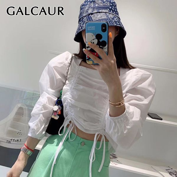 

galcaur drawstring lace up bowknot t-shirt женщины площади воротник puff с длинным рукавом ruched короткие летние рубашки женщины 2020 моды, White