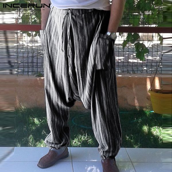 

incerun men casual stripes loose lacing wide leg trousers street style bottoms pockets harem pants mens brand pants hombre 5xl, Black
