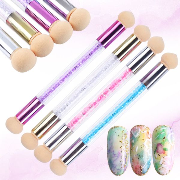 

double head gradient nail brushes mirror glitter handle acrylic polish picker pen manicure dotting blooming sponge, Silver