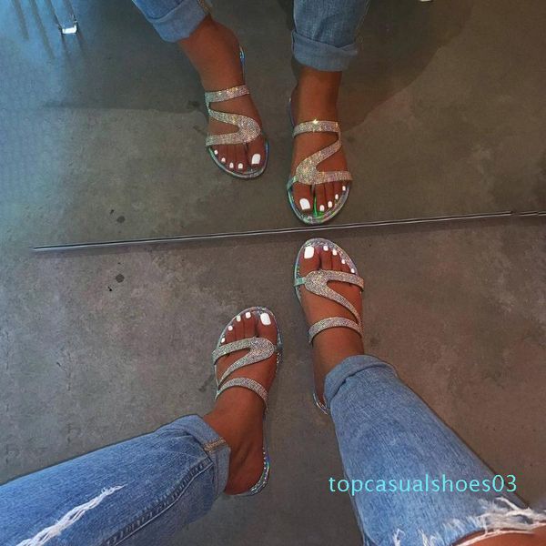 

designer shiny slippers fashion women's sandals flat shoes open toe beach sliders casual outdoor shoes crystal roman t03, Black
