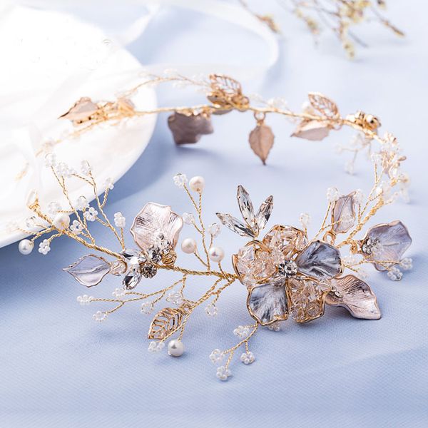 

slbridal pearls flower clear rhinestones gold leaf wedding hair vine headband bridal headpiece hair accessories women jewelry, Golden;white