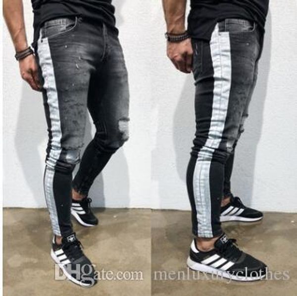 

джинсы hombre мужчина pantalones рваных джинсов black side полосатого драпированные байкер жан карандаш штаны, Blue