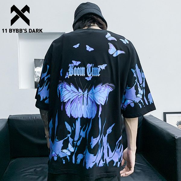 

11 bybb's dark hip hop blue flame butterfly printed t shirt men harajuku fashion streetwear short sleeve casual cotton tees t200425, White;black