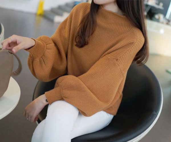 

2017 cotton women lantern sleeve knitted sweater solid casual drop shoulder slim pullovers sweater stand neck jumper outwear, White;black
