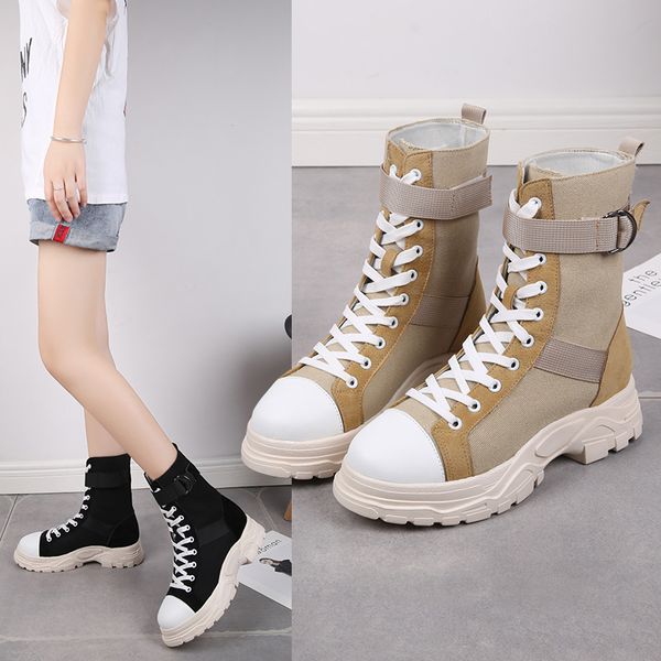 

2019 boots woman canvas shoes women motorcycle riding boots spring and autumn europe quality retro flanging, Black