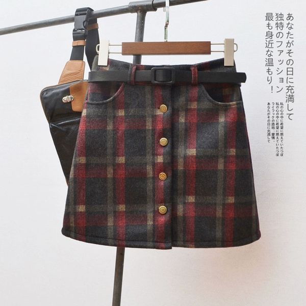 

новый 2019 осень и зима thin плед шерстяной юбка однобортный юбка хлопковая plaid a-line natural, Black