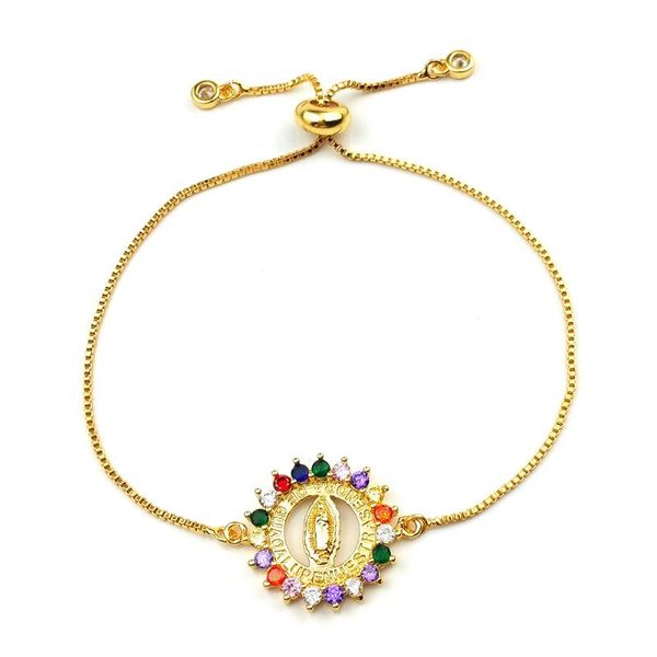 

adjustable charm bracelet colorful zirconia virgin mary charm round tennis bracelet for women jewelry gift pulsera arcoiris, Golden;silver