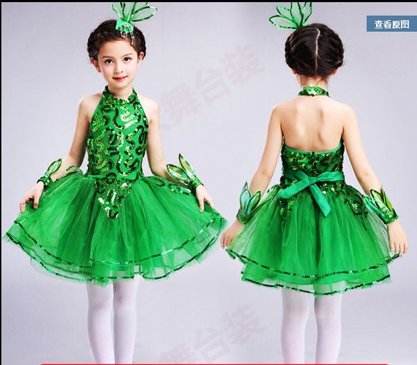 

children latin grass performance clothing green puffy princess dress girls jasmine chorus suit modern dance ballet dress, Black;red