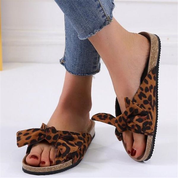 

2020 new ladies beach slippers bow-knot thick bottom sandals leopard pattern outdoor slippers word shoes woman zapatos de mujer, Black