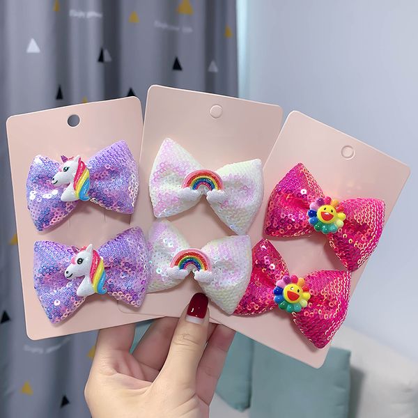 

2pcs/set cute hair clips for girls baby sequin hair bows with unicorn/flower/rainbow hairpins kids barrettes accessories, Slivery;white