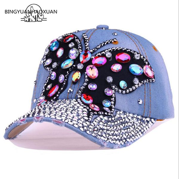 

bingyuanhaoxuan luxury rhinestone woman cowboy baseball cap butterfly pattern gorras female glass diamonds hip hop hat, Blue;gray