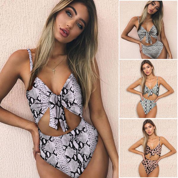 

rosielars 2020 female retro v neck snakeskin swimsuit one piece leopard push up padded high waist swimwear women monokini, White;black
