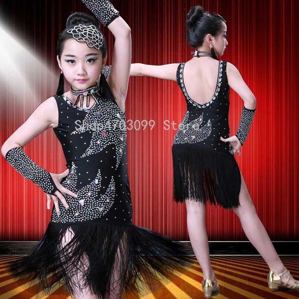 

2019 new models latin dance clothing new children's latin dance costumes girls diamond grading game fringed skirt spring, Black;red