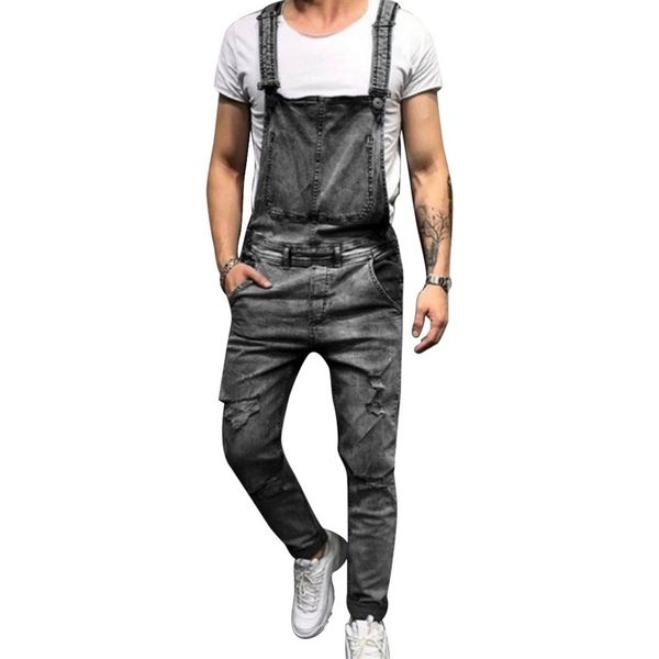 

fashion strap ripped jeans jumpsuit men solid straight slim streetwear hole denim overalls casual pocket summer jeans homme, Blue