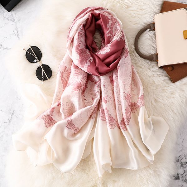 

new fashion silk smooth scarf for women red lace print long hijab scarves female satin poly muslim shawls girls beach scarf