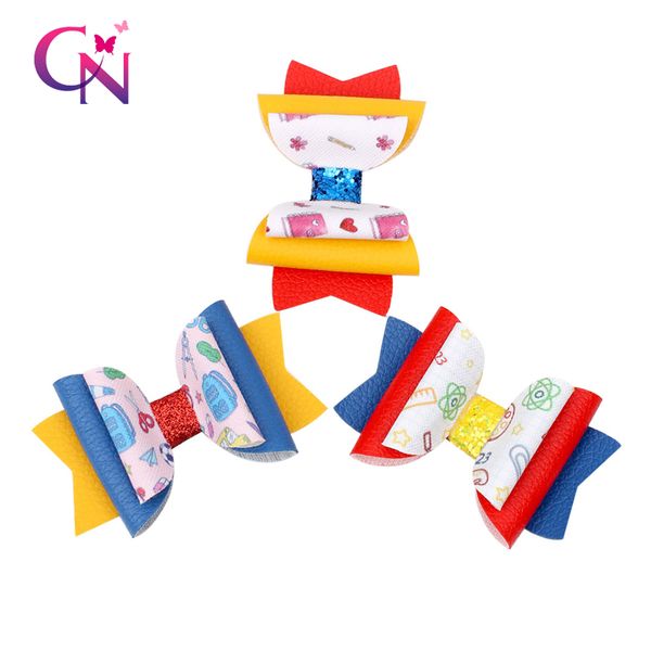 

hair accessories cn 6 pcs/lot 3'' back to school leather clips for girls glitter knot hairpins barrettes kids students, Slivery;white