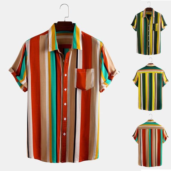 

men's stripe print short sleeve shirts summer casual turn-down collar colorful fashion shirt male cotton beach hawaiian shirts#4, White;black