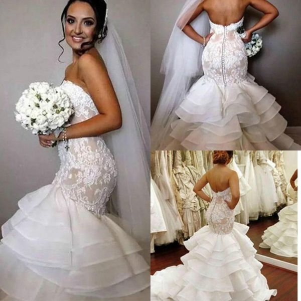

elegant strapless mermaid wedding dresses cascade organza ruffles vintage lace bridal gowns 2019 button back plus size robe de mariée, White