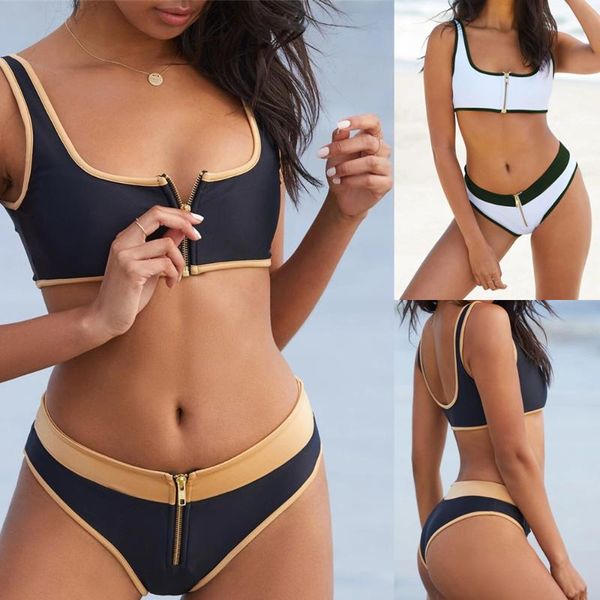 

zipper bikinis set swimwear women swimsuit push up biquini feminino solid bikini 2020 bathing suit female beachwear