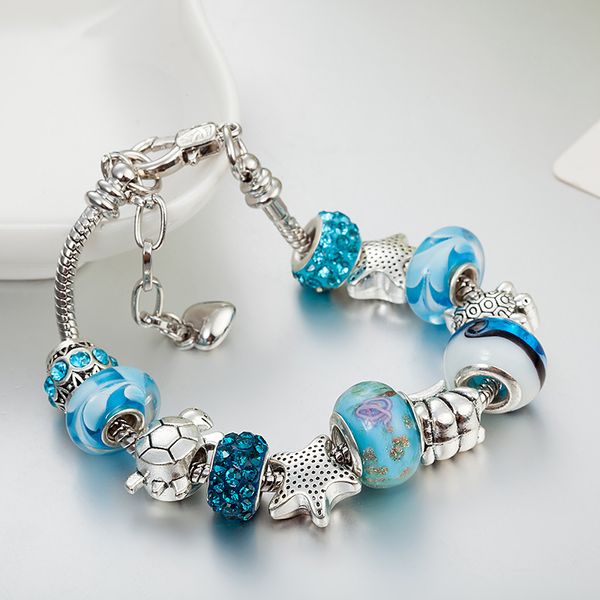 Strands Blue Magic Beads Armband 925 Seestern Schildkrötenanhänger als DIY-Schmuckgeschenk