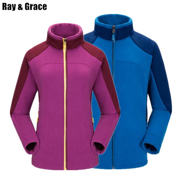 

ray grace thick warm fleece jacket women outdoor inner thermal jacket men hiking ski climbing sportswear zipper pockets, Blue;black