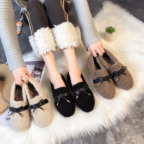 

shoes women wool fur flats shoes winter fleece slip on loafers bow knot slides casual shallow zapatos mujer plus size, Black