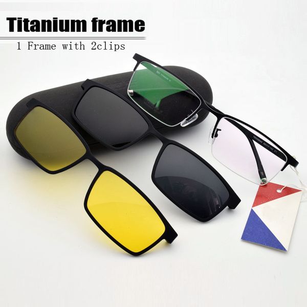 

half frame titanium glasses frame myopia for men sunglasses night-vision goggles with polarized clip set of magnet lens, Black