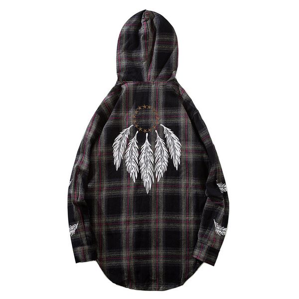 

hip hop hooded plaid shirt 2020 spring star feather print long sleeve shirt checkered men streetwear casual cotton flannel, White;black