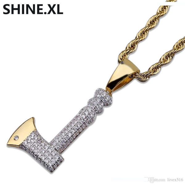 

hip hop men rock ax pendant necklace gold color plated iced out micro pave zircon charm necklace for men women bling party jewelry, Silver