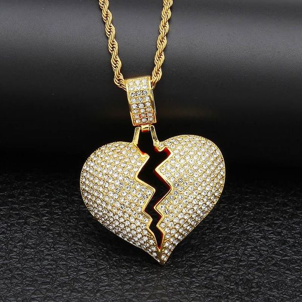 

iced out broken love heart pendant necklaces men's bling crystal rhinestone love charm gold silver twisted chain for women hip hop dhl