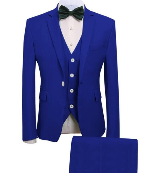 Mais recente projeto um botão Royal Blue Men Wedding Suits Notch lapela três Pieces Negócios Noivo Smoking (Jacket + Calças + Vest + Tie) W1136