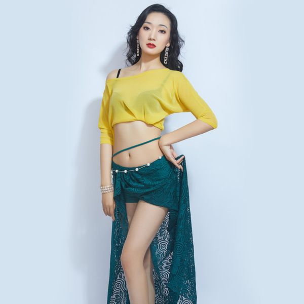 

2020 new women belly dance set lace long skirt 2pcs dance suit oriental beginners long sleeve exercise clothes, Black;red