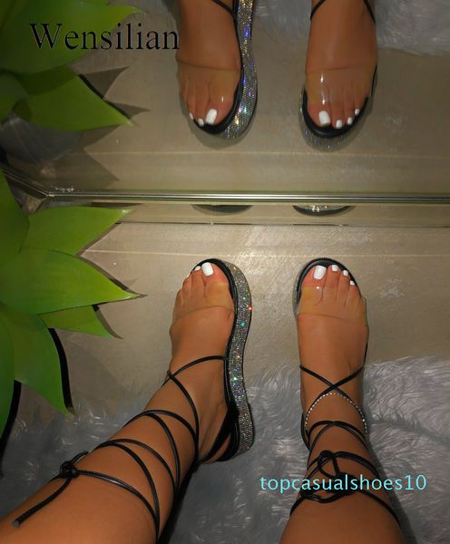 

summer platform sandals women ankle straps sandalias handmade rhinestones open toe beach shoes plus size sandalias mujer t10, Black