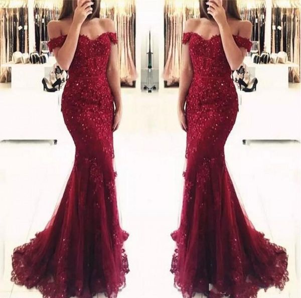 

elegant burgundy off the shoulder beaded lace mermaid prom dresses 2019 short sleeves floor length formal evening gowns vestido de fiesta, Black