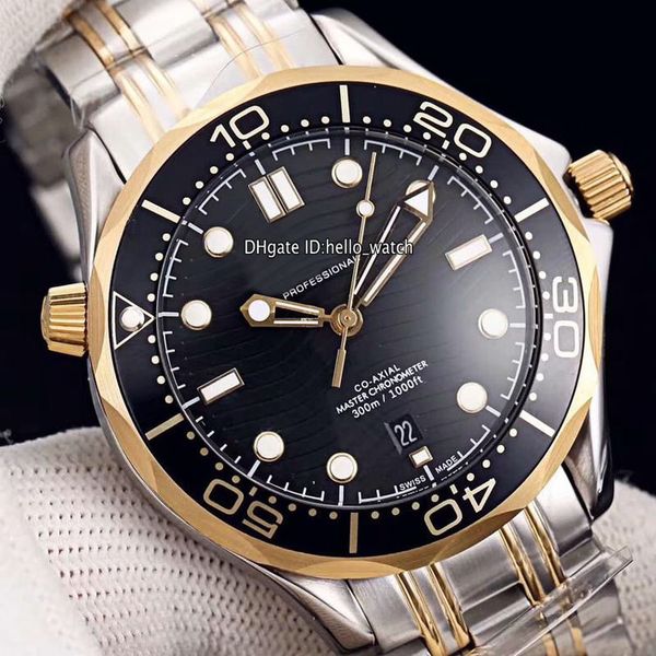 

new diver 300m 210.20.42.20.01.002 black ripple dial automatic mens watch 18k yellow gold two tone steel bracelet black bezel sport watches, Slivery;brown
