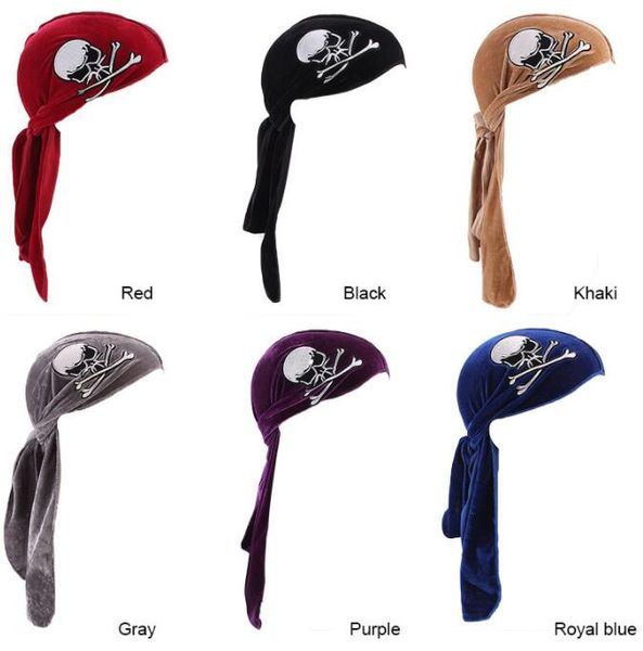 

fashion skull decoration velvet durags bandanas turban headband stitching outside men durag waves cap turban hat hair accessories, Blue;gray