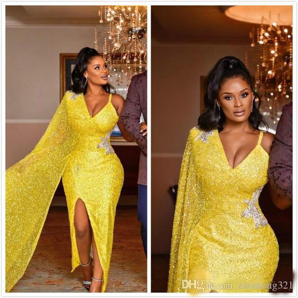 

aso ebi arabic yellow sparkly prom dresses spaghetti straps beaded prom dresses high side split formal party evening gowns, Black
