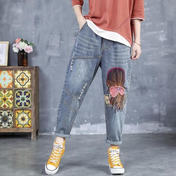 

literary retro spring new embroidery cut and worn white elastic waist denim pants loose casual women, Blue
