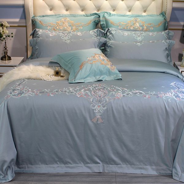 

60s egyptian cotton luxury embroidery 4pcs duvet cover flat sheet pillowcase bedding set light green