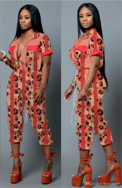 

womens designer leopard printed jumpsuits fore pocket decoration ladies fashion clothes casual summer one piece suits, Black;white