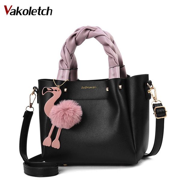 

fashion flamingo hairball tote messenger bag luxury designer bolsa feminina handbag for women shoulder bag pu leather kl716