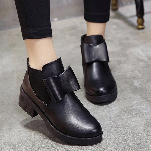 

butterfly-knot fashion ankle boots for women 2019 autumn winter casual round toe solid low heels short boots winter shoes women, Black