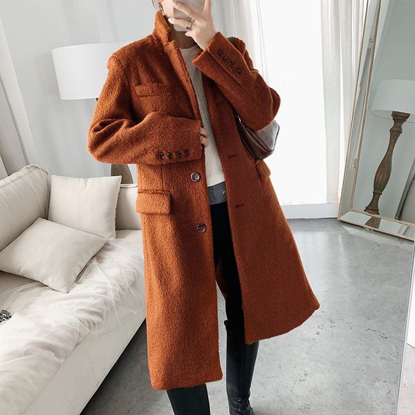 

lady woolen coat single breasted jacket solid color loose outwear, Black