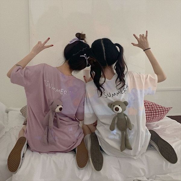 

2020 подружек потерять миди все-матч милого медведя с коротким рукавом футболки топ женской одеждой 2020 подруг одежды потерять миди все-мат, White