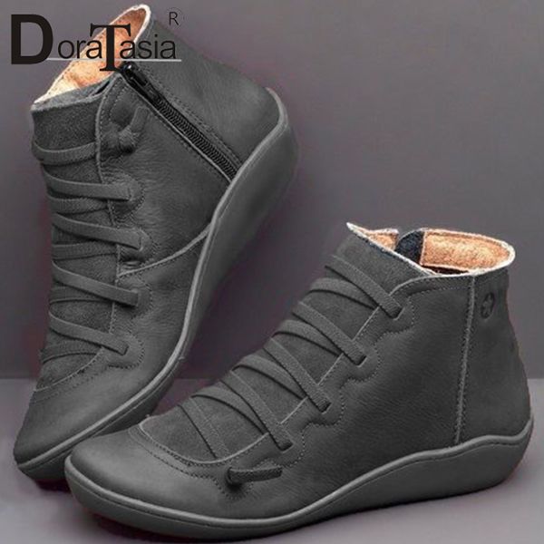 

doratasia new big size 35-43 ladies ins retro boots women zip cross tied ankle boots sole wedges heels shoes woman, Black