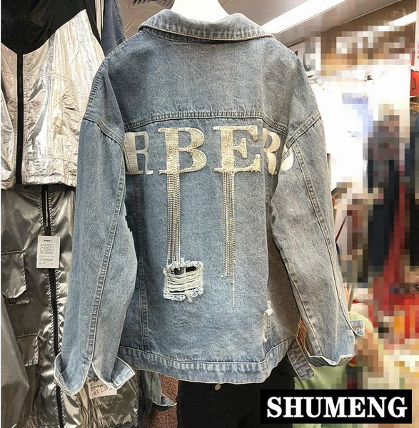 

2019 pring letter diamond chain loo e cowboy coat girl lady hole denim jacket women jean jacket outwear tudent treetwear y190826, Black;brown