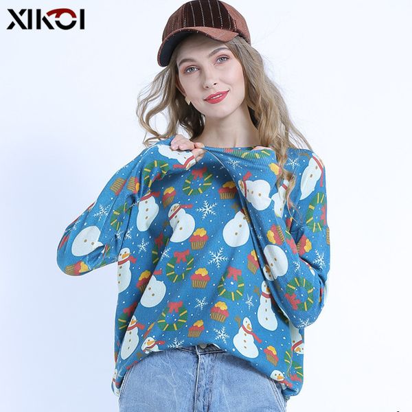 

womens designer christmas sweater snowman print long sleeve pullover loose sweatertfi2tfi2, Black;brown