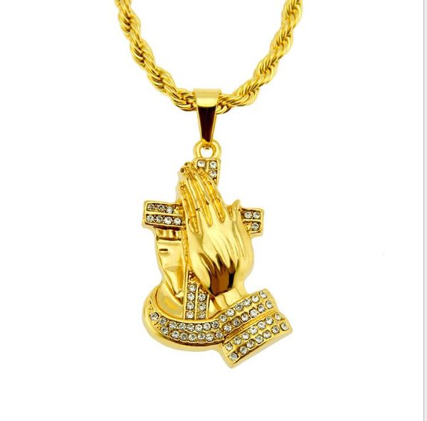

european and american popular pop fashion trend hip-hop personality inlaid drill buddhist hand pendant prayer hand fashion men's neckla, Silver